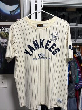 Alpha Industries Men's Yankees Pinstripe Crewneck T-Shirt - Cream/Navy size La